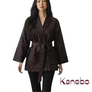 Kanebo Red Black Pure Silk Belted Long Sleeve Jacket Vintage 1970s Size XL